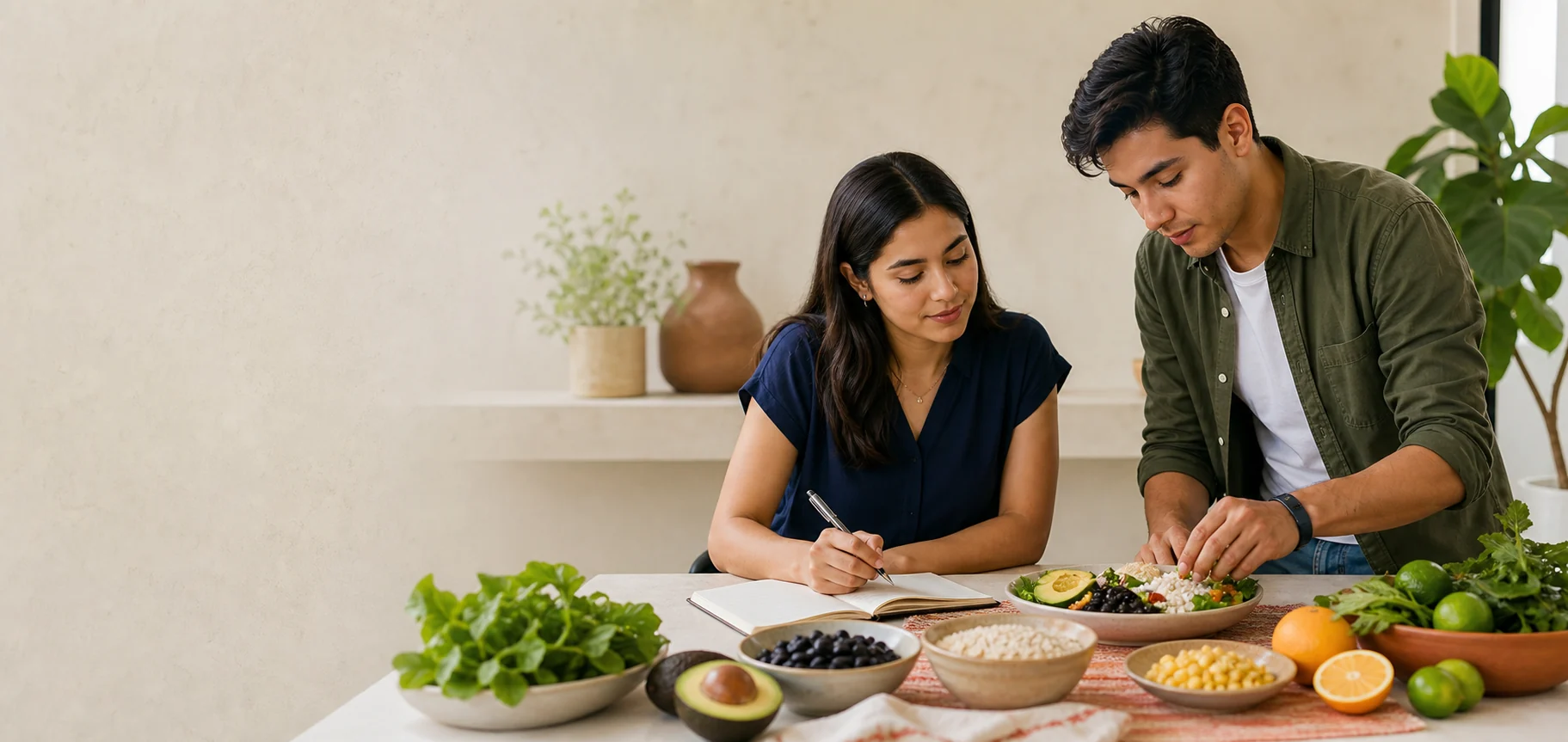 Estudiantes de Nutrición analizando alimentos y un plan de alimentación.