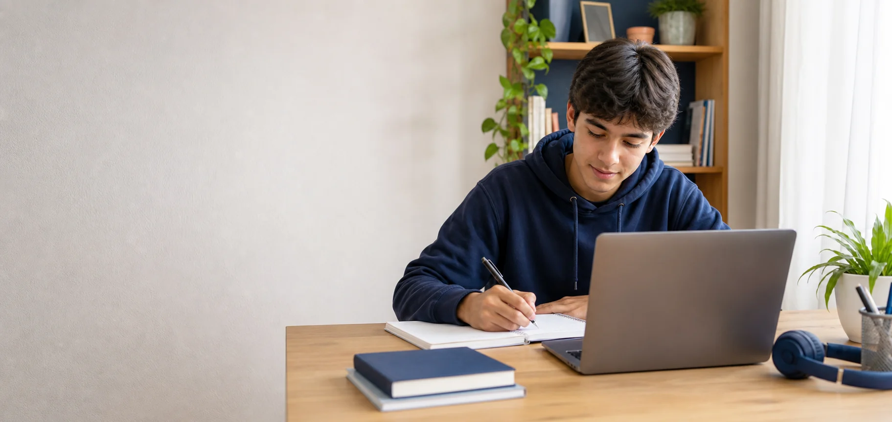 Estudiante de PrepaNet realizando actividades académicas en línea desde casa.