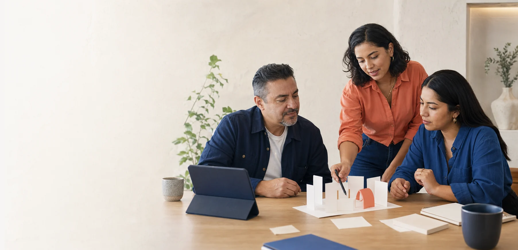 Profesionales colaborando alrededor de una maqueta de trabajo