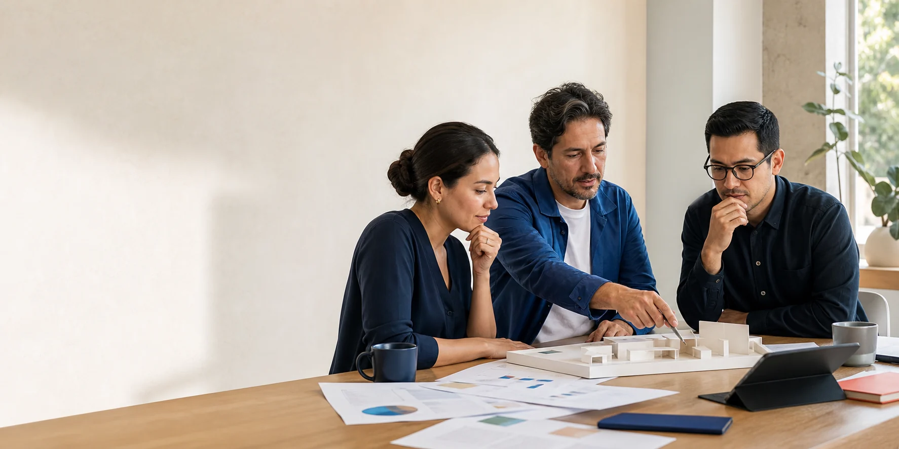 Profesionales revisando una maqueta en una sesión de actualización